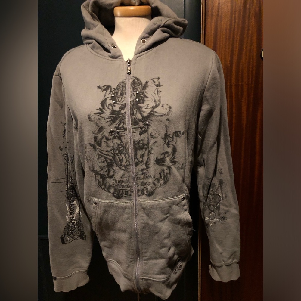 Point Zero Gray Zip-Up Hoodie with Graphic Design